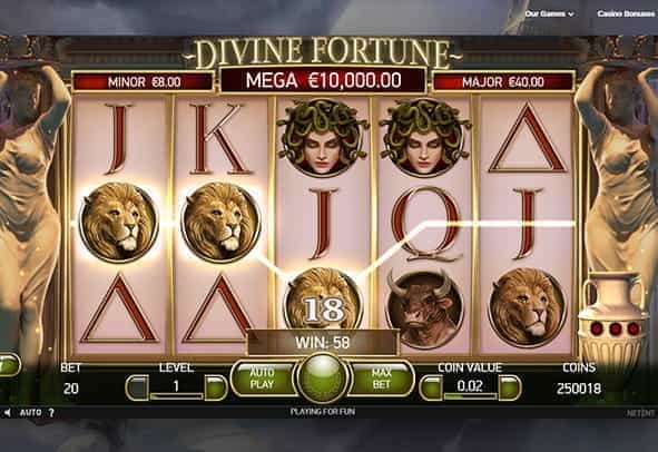 In-game view of Divine Fortune slot, showing a winning payline