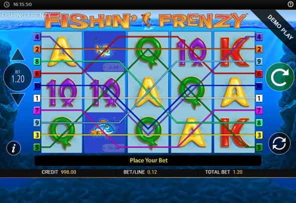 Fishin' Frenzy online slot free spins with swimming fish symbols.
