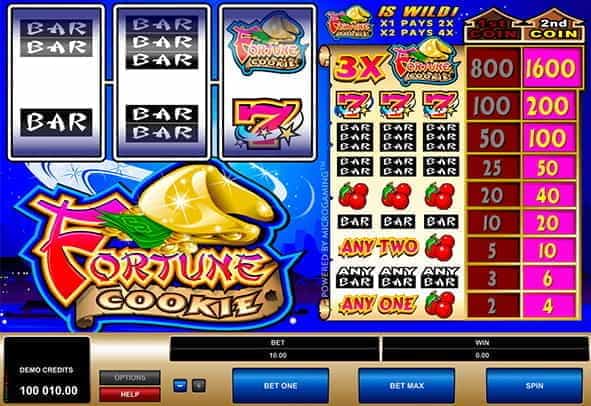 A winning payline highlighted in the Fortune Cookie slot game from Microgaming.