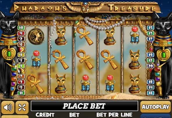 Pharaoh's Treasure slot in the free demo with the symbols in motion.