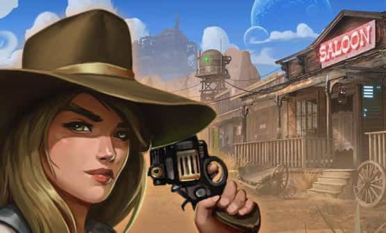 A scene from the Big Bounty Bill online slot by Kalamba: a woman with a gun, and a saloon.