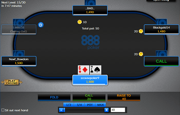 Screenshot showing a Texas Holdem online casino table