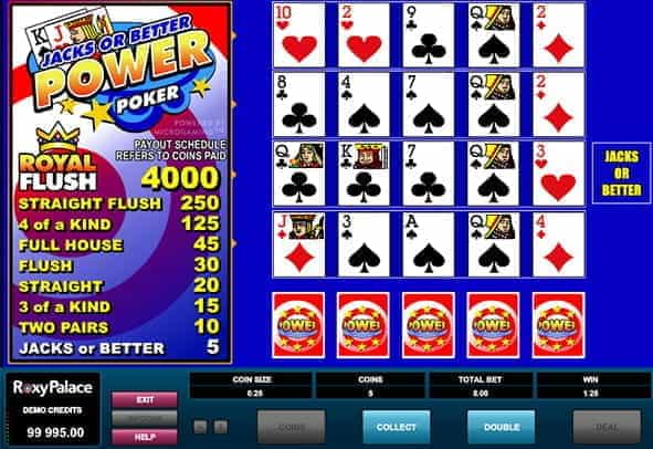 A winning payline in the Jacks or Better Power poker game at an online casino