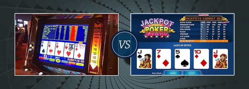 An image depicting offline Video Poker and online Video Poker facing off against each other.