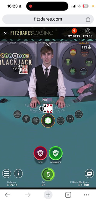 Screenshot From All Bets Blackjack Live at Fitzdares Casino.