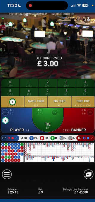 Screenshot From Bellagio Live Baccarat Played at Betfred.