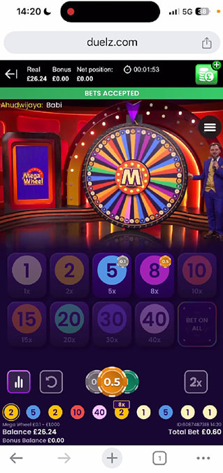 Screenshot From Mega Wheel Played at Duelz Casino