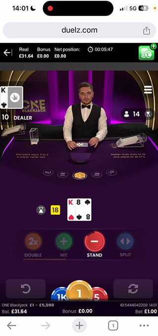 Screenshot From ONE Blackjack Played at Duelz Casino.