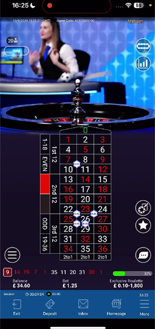 Screenshot From Roulette Live Played at Coral.