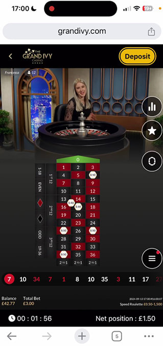 Screenshot From Speed Roulette Played at The Grand Ivy Casino.