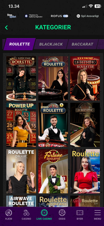 Spiludvalget af roulettespil på et online casino