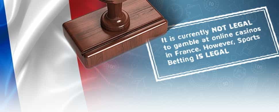 The French flag with superimposed text saying online casinos are illegal.