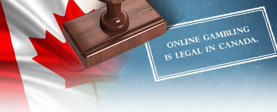 The Canadian flag and stamped words saying 'Online Gambling is Legal in Canada'.