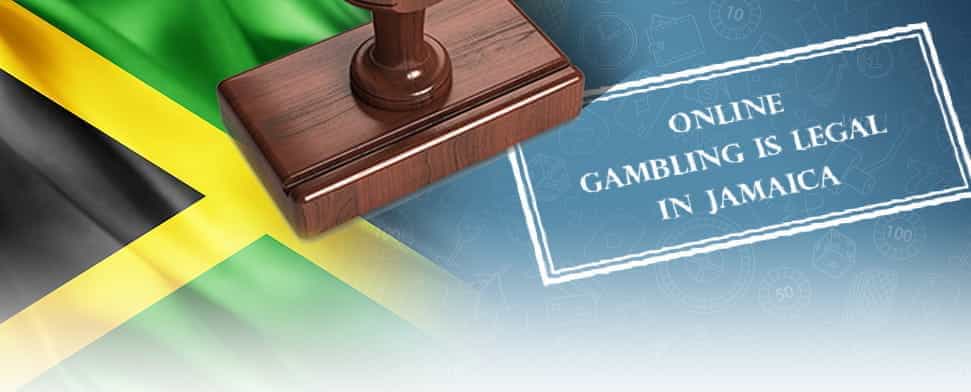 The Jamaica flag and a stamp saying online gambling is legal in Jamaica.