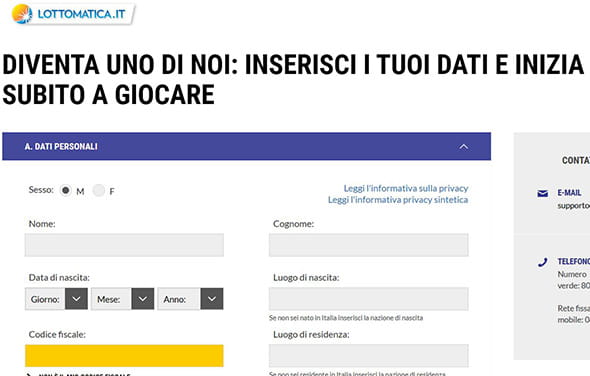 Il modulo di iscrizione del casinò Lottomatica. Qui dovrete inserire le vostre informazioni personali e scegliere le credenziali di accesso.