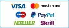 Image representing e-wallet payment methods PayPal, Skrill, Neteller and credit cards.