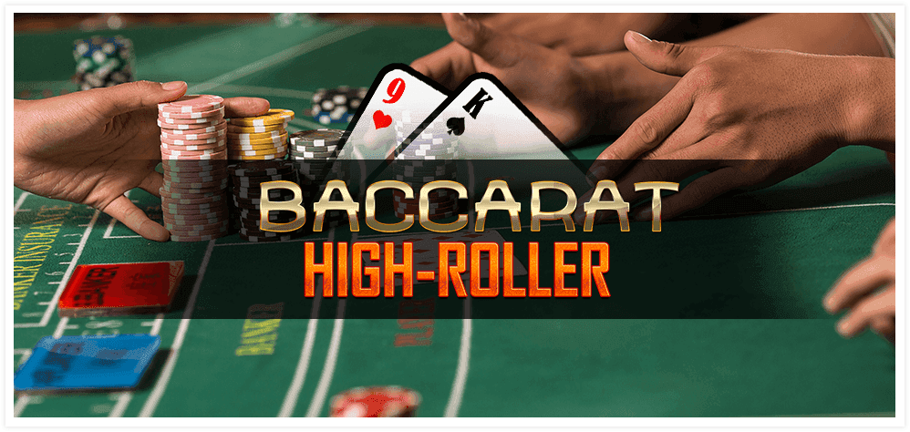 A green felt table with casino chips and gamblers' hands with the words 'Baccarat High Roller' superimposed.