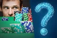 A man giving the side-eye to a stack of casino chips and a question mark.