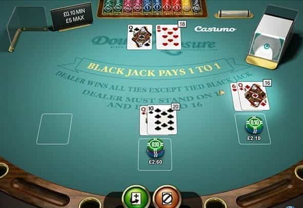 A Double Exposure Blackjack game, played with two hands.