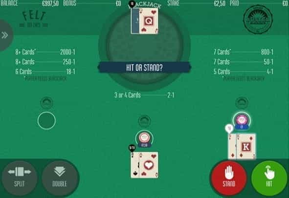 A Buster Blackjack game in-progress, with the choice to hit or stand.