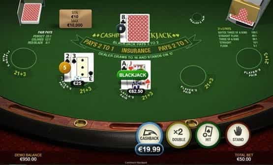 Playing a hand of the Cashback Blackjack game by Playtech.