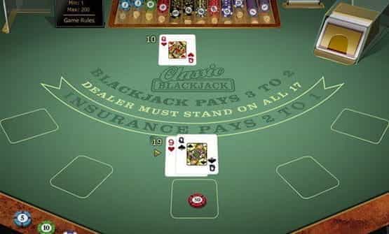A hand of the Classic Blackjack Gold game by Microgaming.