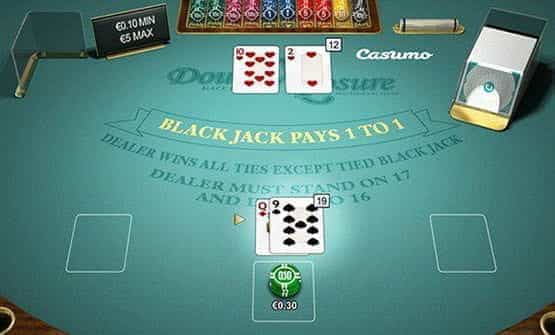 A game of Double Exposure Blackjack, with the player's hand fully visible.