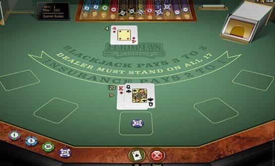 A hand of the European Blackjack Gold game by Microgaming.