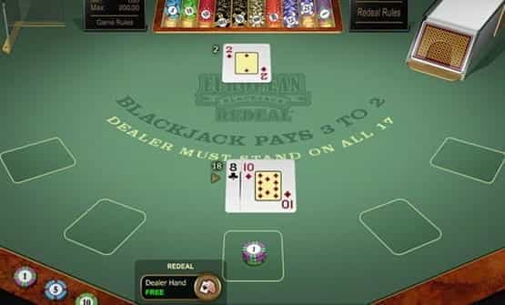 A hand of the European Blackjack Redeal Gold game from Microgaming