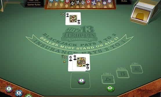 A hand of the Hi Lo 13 European Blackjack Gold game from Microgaming