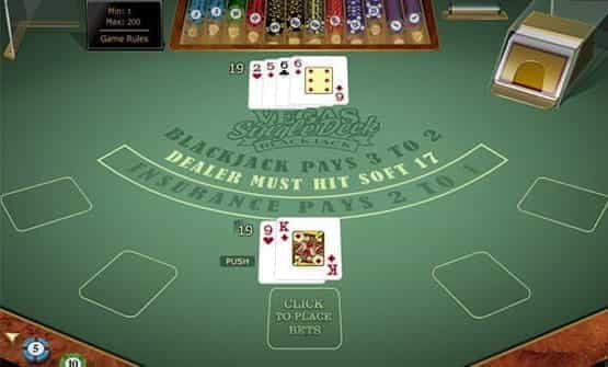 A hand of the Vegas Single Deck Blackjack game from Microgaming