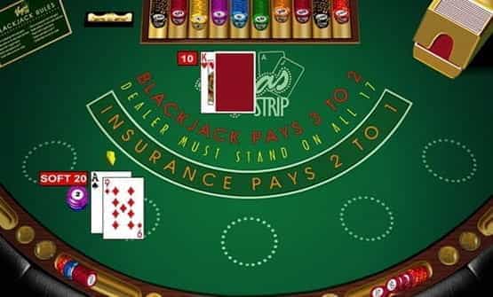 A hand of the Vegas Strip Blackjack game from Microgaming
