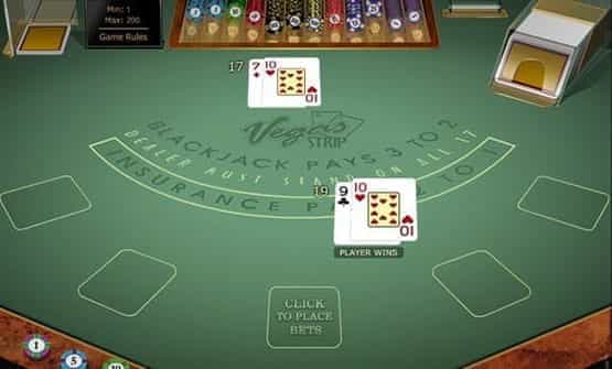 A hand of the Vegas Strip Blackjack Gold game from Microgaming