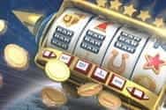 Picture of a slot machine with coins flying out of it