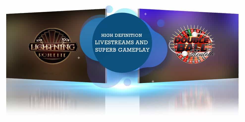 Two Evolution Gaming live roulette games side by side, with text reading 'High Definition Livestreams and Superb Gameplay'.