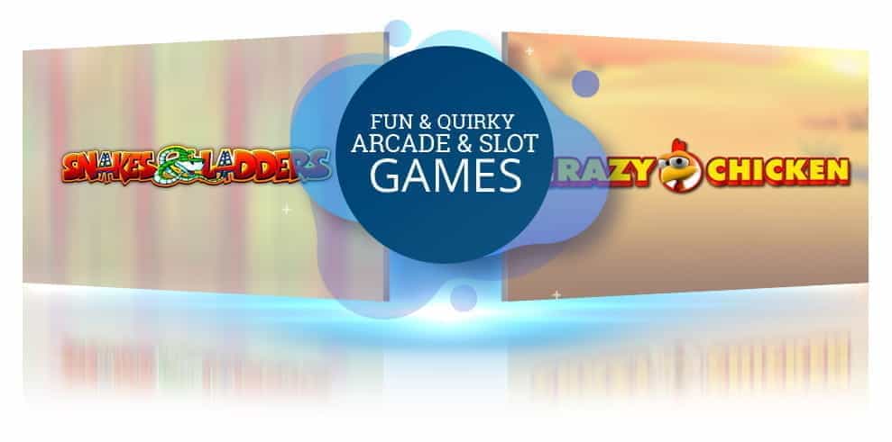 The Snakes and Ladders and Crazy Chicken casino games from Gluck, with the words 'Fun and Quirky Arcade and Slot Games from Gluck!'.