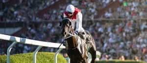 A jockey in white and red riding a horse