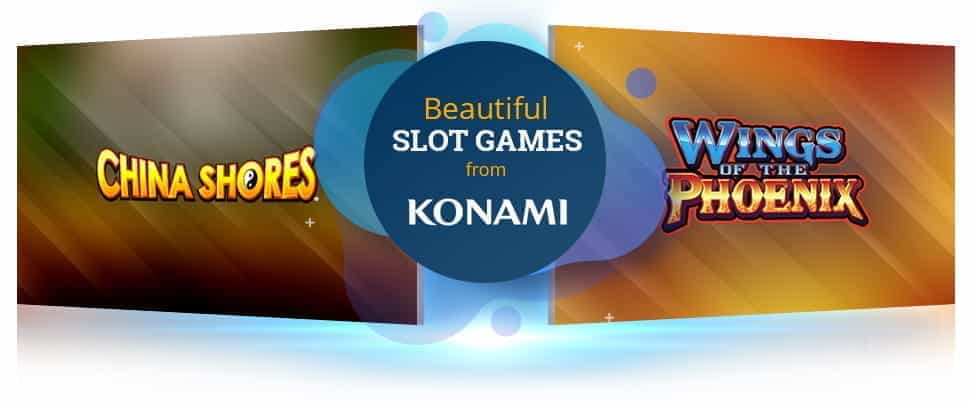 The Konami China Shores slot and Wings of the Phoenix slot logos.