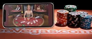 A live blackjack casino game at LeoVegas casino on a mobile device.