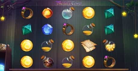 The rows and reels of the Merlin's Tower game from Mascot Gaming