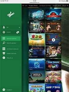 Game selection and available options on the Mr Green app
