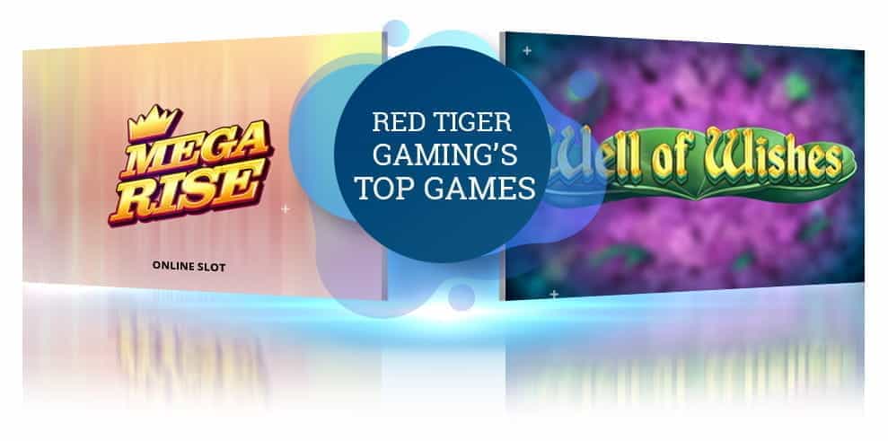 The Mega Rise and Well of Wishes slot logos from Red Tiger Gaming.