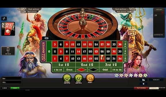 An in-game image of Age of the Gods Roulette, with the ball landing on 25, red..