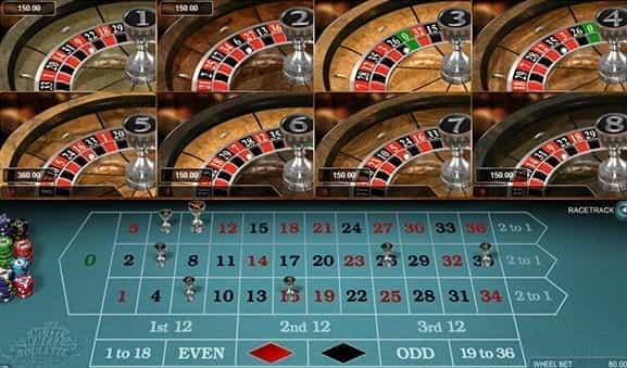 An in-game image of Multi Wheel European Roulette Gold from Microgaming.