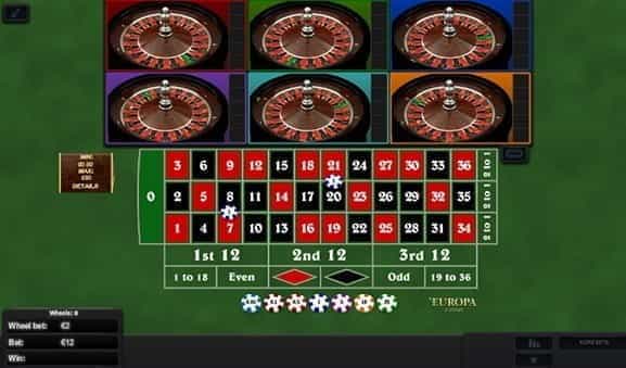 An in-game image of Multi Wheel Roulette, with two bets placed.
