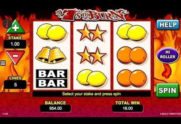The rows and reels of the 7s to Burn slot from SG Interactive