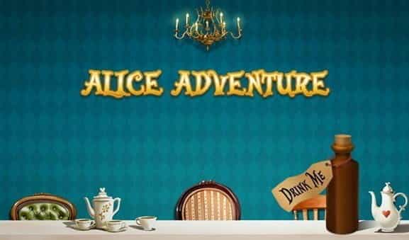 Logo of the Alice Adventure slot from iSoftBet with items inspired by the classic tale