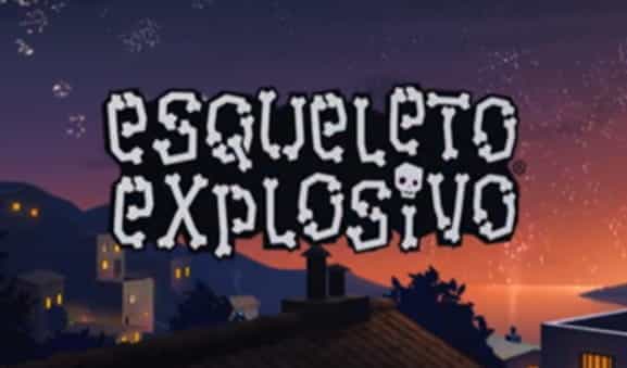 Screenshot of a village at night, including the logo of Esqueleto Explosivo by Thunderkick