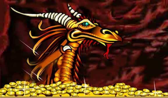The opening screen of the Golden Dragon slot from Microgaming, showing a dragon and a pile of golden coins.