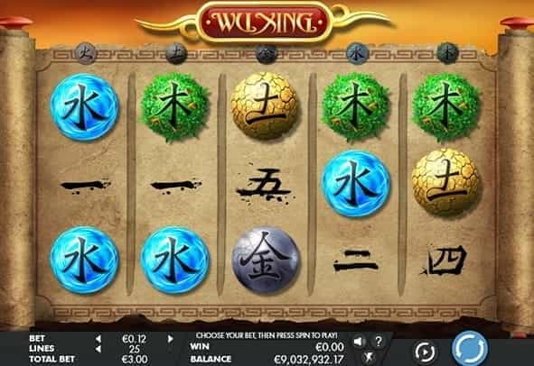 In game action of the Wu Xing online slot game from Genesis Gaming.